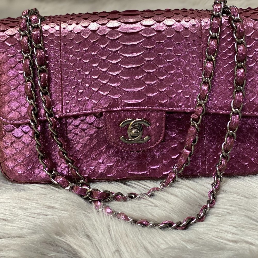 Chanel Small Purple Python Flap Bag, Silver Hardware
